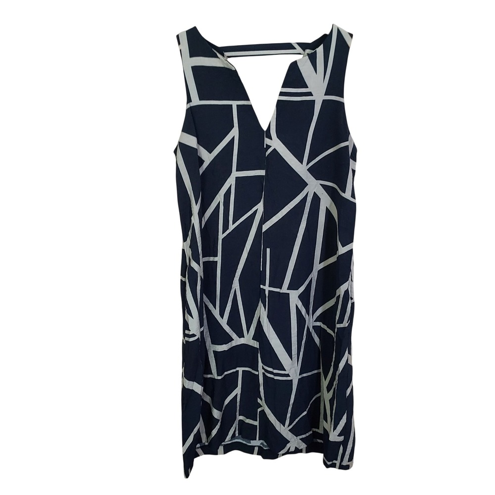 Banana Republic Navy White Geometric Abstract V-Neck Shift Dress S Pockets Mod